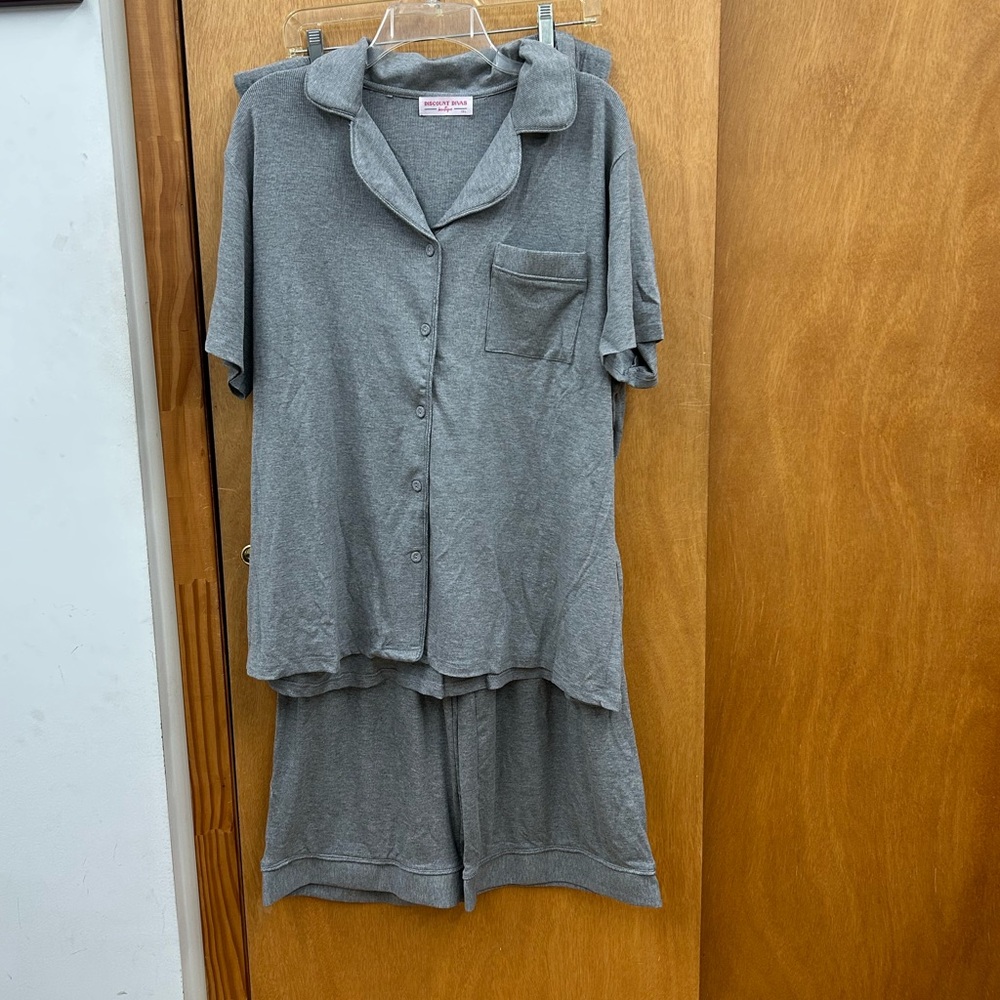 New DD Design Dreamy Rib Petite Wide Leg Pant Pajama Set in Gray Size 1X